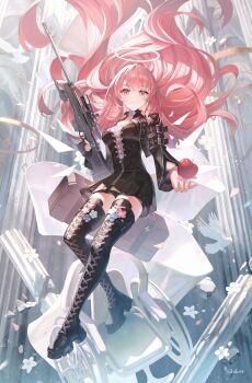 1girl absurdres apple arknights arm_belt black_boots black_dress black_jacket boots breasts closed_mouth commentary dress dvdarts earrings floating_hair food fruit full_body gun hair_floating_upwards halo highres holding holding_gun holding_weapon jacket jewelry lace-up_boots lemuen_(arknights) long_hair looking_at_viewer medium_breasts orange_eyes rifle smile sniper_rifle solo thigh_boots thighs twitter_username weapon weapon_case wheelchair