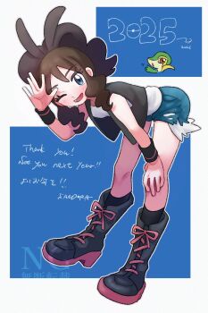 1girl 2025 bent_over black_boots black_socks black_vest blue_eyes boots brown_hair cutoffs denim denim_shorts full_body gen_5_pokemon hand_on_own_knee high_ponytail highres hilda_(pokemon) kneehighs long_hair nintendo one_eye_closed open_mouth pokemon pokemon_bw ponytail sandora_(karugamo_no_e) shirt short_shorts shorts sidelocks sleeveless sleeveless_shirt smile snivy socks vest white_shirt wristband