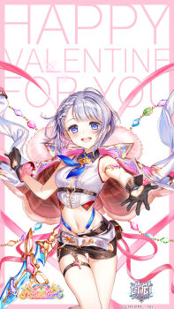 Rule 34 | 1girl, baizu (guszx), belt, black gloves, black shorts, blue eyes, blue ribbon, blush, braid, breasts, collared shirt, cowboy shot, crop top, gem, gloves, grey hair, hair intakes, highres, jewelry, looking at viewer, navel, official art, official wallpaper, open hand, open mouth, outstretched arm, outstretched hand, reaching, reaching towards viewer, ribbon, shironeko project, shirt, short hair, short shorts, shorts, sleeveless, sleeveless shirt, small breasts, smile, solo, spread fingers, standing, tina topia, white belt