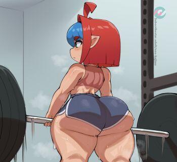1girl absurdres ahoge ass blue_hair exercising facing_ahead from_behind green_eyes gym_shorts highres huge_ass multicolored_hair neo_hajime pointy_ears red_hair short_hair shorts shortstack solo sports_bra steaming_body sweat thick_thighs thighs two-tone_hair weightlifting wide_hips