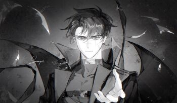 1boy black_coat black_shirt chest_belt coat falling_paper greyscale high_collar highres looking_at_viewer male_focus monochrome multiple_scars offering_hand omniscient_reader&#039;s_viewpoint open_clothes open_coat outstretched_hand popped_collar scar scar_across_eye scar_on_face scar_on_hand serious shirt solo twle upper_body yoo_joonghyuk