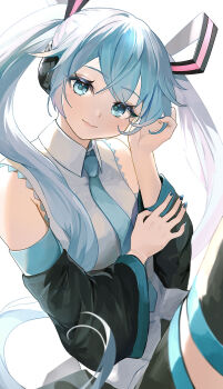 1girl absurdres ahoge aqua_eyes aqua_hair aqua_necktie aqua_trim black_sleeves blush breasts closed_mouth collared_shirt commentary_request detached_sleeves fingernails hair_between_eyes hair_ornament hatsune_miku headset highres long_hair long_sleeves looking_at_viewer mebuki_(moon_angel_4) medium_breasts nail_polish necktie shirt simple_background sleeveless sleeveless_shirt smile solo twintails upper_body very_long_hair vocaloid white_background white_shirt