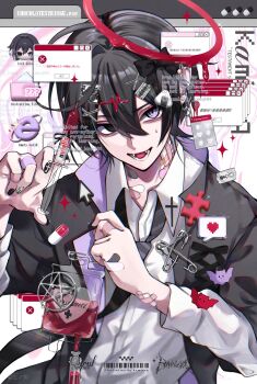 1boy :d black_eyes black_hair black_jacket black_nails black_necktie collared_shirt commentary cursor double-parted_bangs fangs hair_between_eyes heterochromia highres holding holding_syringe internet_explorer jacket kaminoq long_sleeves male_focus multicolored_nails nail_polish necktie open_clothes open_jacket open_mouth original purple_eyes shirt short_hair signature smile solo striped_necktie syringe upper_body white_background white_nails white_shirt window_(computing) wing_collar