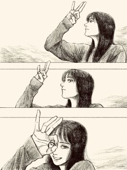 Rule 34 | 1girl, black hair, black outline, blunt bangs, greyscale, highres, hime cut, long hair, monochrome, ok sign, original, outline, smile, solo, tp p pt, white background