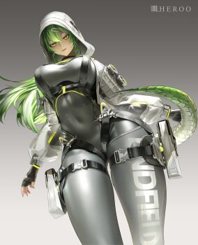 Rule 34 | 1girl, absurdres, arknights, arknights: endfield, artist name, black gloves, bodysuit, colored extremities, cowboy shot, crocodile girl, crocodilian tail, fingerless gloves, fluorite, fluorite (arknights), gloves, green eyes, green hair, grey bodysuit, hair between eyes, highres, hood, hoodie, long hair, looking at viewer, louu heroo, simple background, solo, tail, thigh strap, white hoodie