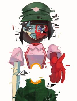 1girl black_hair blunt_bangs blunt_ends bob_cut colored_skin ena:_dream_bbq ena_(dream_bbq) ena_(series) ena_(species) glitch green_hat hangover_ena hashtag-only_commentary hat highres hole_on_body looking_at_viewer multicolored_skin red_skin salesperson_ena shirt short_sleeves simple_background smile split-color_skin two-tone_skin usagimarumei