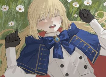 1girl :d artoria_caster_(fate) artoria_caster_(second_ascension)_(fate) artoria_pendragon_(fate) black_gloves blonde_hair blue_bow blue_capelet bow buttons capelet closed_eyes crying daisy_(flower) dress fate/grand_order fate_(series) flower gloves grass hands_up happy_tears highres long_hair long_sleeves lying no_headwear on_back on_grass on_ground open_mouth outdoors rurubusandayo shirt smile solo tears teeth twintails upper_body white_dress white_flower