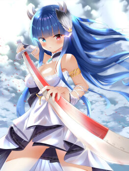 1girl azur_lane black_dress blue_eyes blue_gemstone blue_hair breasts choker cleavage cloud cloudy_sky commentary_request cowboy_shot detached_collar dress feather_hair_ornament feathers firin gem hair_ornament heterochromia highres holding holding_sword holding_weapon horns ibuki_(azur_lane) ibuki_(snow_on_the_wind)_(azur_lane) lace lace_choker large_breasts looking_at_viewer multiple_horns official_alternate_costume outdoors red_eyes sky sleeveless sleeveless_dress solo strapless strapless_dress sword two-tone_dress weapon white_dress wrist_wrap