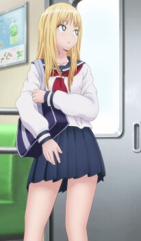 1girl absurdres anime_screenshot bag blonde_hair blue_bag blue_skirt breasts collarbone dot_nose female_focus flat_chest green_eyes highres kyou_no_asuka_show kyouno_asuka legs long_hair long_sleeves looking_to_the_side miniskirt open_mouth pleated_skirt school_bag school_uniform serafuku shoulder_bag skirt small_breasts solo solo_focus thighs thighs_focus train white_serafuku