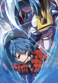 Rule 34 | 1girl, absurdres, blue eyes, blue hair, blue shirt, blue skirt, boots, breasts, cape, cleavage, commentary request, foreshortening, gloves, highres, kootee-on, looking at viewer, magical girl, mahou shoujo madoka magica, medium breasts, miki sayaka, saber (weapon), shirt, skirt, smile, solo, sword, theater seating, thigh boots, thighhighs, thighs, translation request, water, weapon, white cape, white gloves, white thighhighs, zettai ryouiki