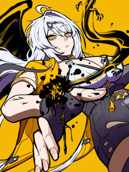 1girl absurdres arm_strap asymmetrical_gloves black_unitard breasts fingerless_gloves gloves grey_hair hair_ornament hairpin high-waist_shorts highres ink jacket kraken_bio long_hair mole mole_on_breast mole_on_chest shorts single_hair_intake solo uneven_gloves wings yellow_background yellow_eyes yellow_jacket yin_yang_pin yixuan_(zenless_zone_zero) zenless_zone_zero
