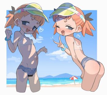 1girl ass bar_censor beach bikini bodypaint bracelet censored commentary_request day fang flat_chest highres jewelry ketsu_juuji_killer_(kejuki) loli looking_at_viewer multiple_views nipples ocean one_eye_closed open_mouth orange_hair original outdoors painted_clothes shorts swimsuit v visor_cap