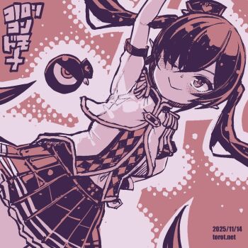 1girl ;&gt; alternate_costume arm_up backbeako_(torotei) backbeard blush checkered_clothes checkered_vest commentary_request cowboy_shot dated dated_commentary dutch_angle epaulettes gegege_no_kitarou gloves hair_over_one_eye hand_on_own_hip hat idolmaster kono_lolicon_domome long_hair marching_melodies_(idolmaster) monochrome navel one_eye_closed original paid_reward_available pink_background pink_theme pleated_skirt pointy_ears simple_background skirt smile solo torotei translated twintails vest watermark web_address