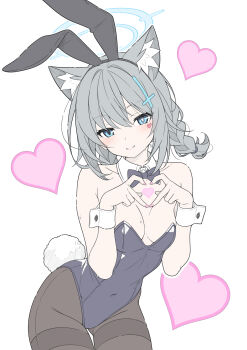 1girl alternate_costume animal_ear_fluff animal_ear_hairband animal_ears bare_shoulders black_bow black_bowtie black_hairband black_leotard black_pantyhose blue_archive blush bow bowtie breasts breasts_apart closed_mouth collar collarbone commentary_request covered_navel cross_hair_ornament detached_collar fake_animal_ears four-finger_heart_hands grey_eyes grey_hair hair_ornament hairband heart heart-shaped_pupils heart_hands heterochromia highleg highleg_leotard highres leotard looking_at_viewer medium_breasts pantyhose playboy_bunny rabbit_ears shiroko_(blue_archive) simple_background smile solo strapless strapless_leotard symbol-shaped_pupils t1kosewad traditional_bowtie white_background white_collar white_wrist_cuffs wolf_ears wrist_cuffs