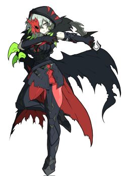 1girl black_dress black_hood black_sclera boots colored_sclera commentary_request diabellstar_the_black_witch dress duel_monster elbow_gloves full_body gloves green_eyes grey_eyes grey_hair half_mask heterochromia highres holding holding_sword holding_weapon knee_boots looking_at_viewer mask medium_hair oekaki_kumothu pale_skin pantyhose red_pantyhose sleeveless sleeveless_dress solo standing standing_on_one_leg sword weapon white_background yu-gi-oh!