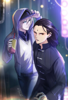 2boys absurdres adam's_apple aged_down alternate_costume artist_name bindi black_hair black_shirt blonde_hair blue_eyes chinese_clothes city_lights collar cup disposable_cup drinking_straw earrings eyelashes final_fantasy final_fantasy_vii final_fantasy_vii_remake fujiko_one hair_between_eyes hat highres hood hoodie jewelry light_particles looking_at_viewer looking_to_the_side male_focus medium_hair multiple_boys necktie orange_eyes rufus_shinra shirt short_hair soda square_enix standing traffic_light tseng turks_(ff7) twitter_username vest walking wing_collar