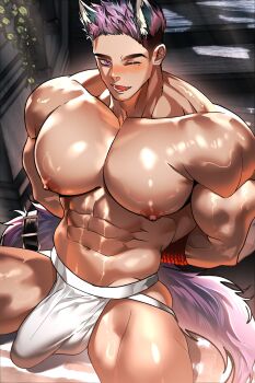 1boy abs animal_ears arms_behind_back bara bdsm black_hair blue_hair blush bondage bound byun_woogyu dog_boy dog_ears dog_tail fangs highres jockstrap large_pectorals looking_at_viewer male_focus male_underwear mole mole_under_eye multicolored_hair muscular muscular_male nipples nude one_eye_closed open_mouth pectorals purple_eyes purple_hair red_rope rope shiny_skin short_hair smile solo tail tail_belt toastytoastiee undercut underwear white_male_underwear xxl_woofia