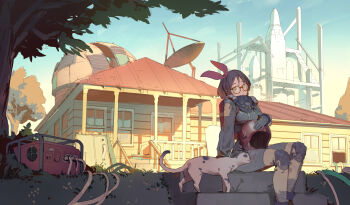 1girl animal arm_at_side arm_support breasts brown_hair cable cat commentary day female_focus generator glasses gloves grass green_eyes hair_ribbon hairband helmet highres house knee_pads long_sleeves looking_at_viewer original outdoors oxygen_tank red-framed_eyewear red_hairband red_ribbon ribbon round_eyewear satellite short_hair sitting sky smile solo space_shuttle spacecraft spacesuit timbougami tree veranda window