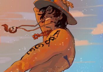1boy arm_tattoo back_tattoo black_hair bluechanas commentary freckles highres jewelry looking_ahead male_focus necklace one_piece orange_hair outdoors pearl_necklace portgas_d._ace profile short_hair smile solo tattoo topless_male upper_body