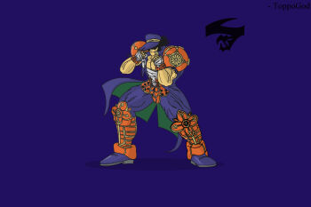 Rule 34 | 1boy, armor, artist name, bahn, bandaged chest, bandaged hand, bandages, blue background, fighting stance, fighting vipers, frown, hat, hat over eyes, hidden eyes, highres, jacket, knee guards, logo, muscular, muscular male, open clothes, open jacket, sega, simple background, solo, spiked hair, toppogodvt, torn clothes, torn jacket, torn sleeves