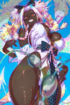 1girl bare_hips bare_shoulders blue_sky braid breasts cleavage_cutout clothing_cutout dark-skinned_female dark_skin detached_sleeves dragon highres large_breasts leotard long_eyelashes looking_down momoyama_tits orange_eyes original ribbon sky tail teeth thick_thighs thighs twin_braids twintails very_dark_skin white_hair white_leotard wide_hips