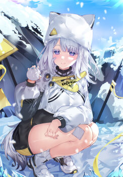 1girl absurdres arknights arknights:_endfield bandaid bandaid_on_cheek bandaid_on_face blue_nails closed_mouth clothes_writing commentary day endfield_industries_logo estelle_(arknights) fingernails full_body hat highres holding holding_snowball hua-huahua jacket long_sleeves medium_hair nail_polish outdoors puffy_long_sleeves puffy_sleeves purple_eyes smile snow snowball snowing solo squatting tail white_hair white_hat white_jacket