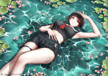 Rule 34 | 1girl, absurdres, arm up, armpits, artist name, bare shoulders, black hair, black shirt, black skirt, breasts, chisa (wuthering waves), commentary, commentary request, crop top, dated, english commentary, feet out of frame, hair ribbon, hair spread out, highres, long hair, looking at viewer, lying, medium breasts, mixed-language commentary, mole, mole under eye, nail polish, neckerchief, no jacket, on back, parted lips, red eyes, red nails, red neckerchief, red ribbon, ribbon, sailor collar, shirt, skirt, solo, tacet mark (wuthering waves), thigh strap, thighs, very long hair, white sailor collar, wuthering waves, z eon