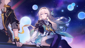 1boy 1girl absurdres bad_link black_gloves black_hairband black_jacket black_pants black_ribbon black_thighhighs blue_eyes bubble caelus_(honkai:_star_rail) dress fingerless_gloves firefly_(honkai:_star_rail) game_cg gloves gradient_hair green_dress green_hair grey_hair hair_between_eyes hair_ornament hair_ribbon hairband highres honkai:_star_rail honkai_(series) jacket long_hair long_sleeves looking_at_another looking_at_viewer multicolored_eyes multicolored_hair neckerchief night official_art pants pocket_watch purple_eyes ribbon shirt short_hair sitting sky smile star_(sky) starry_sky thighhighs trailblazer_(honkai:_star_rail) two-tone_eyes two-tone_hair watch white_shirt yellow_neckerchief