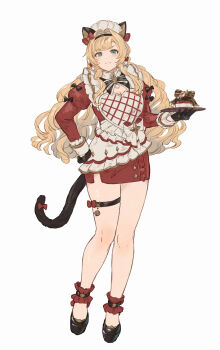 Rule 34 | 1girl, alternate costume, animal ears, aqua eyes, bell, black bow, black gloves, black hairband, black shoes, blonde hair, blush, bow, bowtie, breasts, cat ears, cat tail, cleavage, closed mouth, commentary, enmaided, frilled anklet, full body, gloves, granblue fantasy, hairband, hand on own hip, hibana (hibana ztlv), highres, holding, holding tray, juliet sleeves, long hair, long sleeves, looking at viewer, maid, maid headdress, puffy sleeves, red bow, shoes, simple background, solo, striped bow, striped bowtie, striped clothes, symbol-only commentary, tail, thigh strap, tray, very long hair, white background, white headdress, zeta (granblue fantasy)