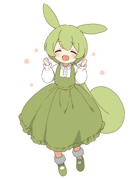 1girl :d ^_^ absurdres animal_ears blush closed_eyes collared_shirt commentary_request dot_nose dress facing_viewer frilled_dress frills full_body green_dress green_hair green_shoes hands_up highres long_hair long_sleeves mary_janes ojou-sama_zundamon open_mouth pinafore_dress ponytail shirt shoes simple_background sleeveless sleeveless_dress smile socks solo voiceroid white_background white_shirt white_socks zundamon zungurimukkuri_tarou