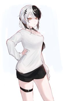 1girl :/ absurdres alternate_costume barbell_piercing black_hair black_shorts breasts choker closed_mouth commentary cross cross_earrings ear_piercing earrings english_commentary feet_out_of_frame glint grey_hair hair_ornament hand_on_own_hip highres hololive hololive_english jewelry kurochanai large_breasts long_hair long_sleeves looking_at_viewer multicolored_hair off_shoulder parted_bangs piercing ponytail shiori_novella short_shorts shorts simple_background single_bare_shoulder solo split-color_hair standing sweater swept_bangs thigh_strap two-tone_hair virtual_youtuber white_background white_sweater yellow_eyes