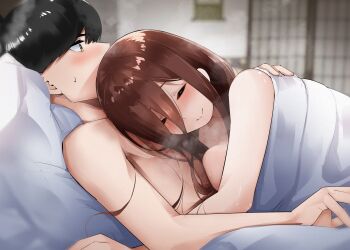 1girl absurdres aftersex black_hair blush breasts brown_eyes brown_hair closed_mouth go-toubun_no_hanayome hair_between_eyes hair_over_eyes hetero highres hug indoors large_breasts long_hair lying lying_on_person mame1645 nakano_miku on_back on_bed on_stomach shared_blanket topless_female topless_male uesugi_fuutarou under_covers