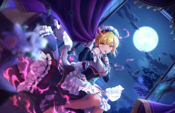 1girl bat_wings blonde_hair breasts cleavage cloud corset curtains falling_leaves frills game_cg gloves green_eyes high_heels idolmaster idolmaster_cinderella_girls idolmaster_cinderella_girls_starlight_stage leaf magic maid maid_headdress miyamoto_frederica moon official_art open_mouth open_window sitting solo tree window wings