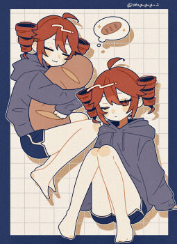 1girl :3 ahoge barefoot black_shorts blue_border blush_stickers border closed_eyes closed_mouth commentary_request dark_skin drawstring drill_hair drop_shadow full_body grey_hoodie grid_background hetero highres hood hood_down hoodie hugging_object kasane_teto long_sleeves looking_at_viewer okayu_(okayuyuyu2) one_eye_closed outline outside_border red_eyes red_hair short_hair short_shorts shorts sleeves_past_wrists speech_bubble spoken_food stuffed_food thought_bubble twin_drills utau white_outline