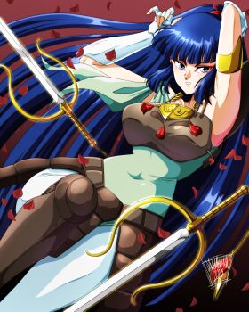 Rule 34 | 1girl, 2023, absurdres, armor, artist name, blue eyes, blue hair, blunt bangs, breasts, covered navel, danmakuman, dated, eyeshadow, faulds, female focus, highres, kayura, long hair, looking at viewer, makeup, petals, ponytail, red eyeshadow, shoulder armor, sidelocks, signature, solo, sword, tassel, very long hair, weapon, yoroiden samurai troopers