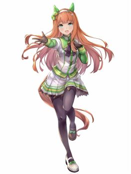 1girl :d animal_ears asymmetrical_footwear black_bow black_bowtie black_gloves black_pantyhose black_shoes bow bowtie collared_shirt commentary_request ear_covers ear_ornament full_body gloves green_eyes hair_ornament hairband hand_on_own_chest highres horse_ears horse_girl horse_tail long_hair long_sleeves looking_at_viewer mismatched_footwear open_mouth orange_hair outstretched_arm pantyhose peperoncino-sama pleated_skirt shirt shoes silence_suzuka_(innocent_silence)_(umamusume) silence_suzuka_(umamusume) simple_background skirt smile solo standing standing_on_one_leg tail umamusume very_long_hair white_background white_hairband white_shirt white_shoes white_skirt