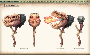 anjanath artist_name beads black_fur bone bone_weapon character_name reference_sheet concept_art dinosaur_skull english_text fire flamethrower gradient_background hammer highres monster_hunter_(series) no_humans open_mouth scales sharp_teeth skull teeth uchi_vs_the_world weapon weapon_focus
