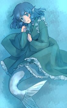 1girl blue_background blue_eyes blue_hair blush commentary_request drill_hair fins frilled_kimono frills full_body green_kimono hand_up head_fins japanese_clothes kimono long_sleeves looking_at_viewer lying medium_hair mermaid monster_girl one-hour_drawing_challenge parted_lips rangycrow solo touhou twin_drills wakasagihime