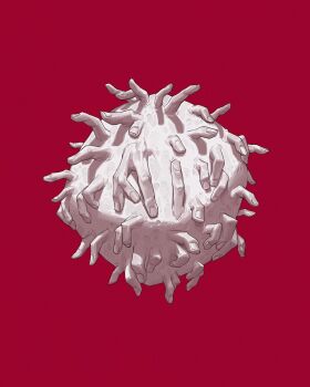 2022 ai-generated_art_(topic) body_horror colored_skin creature curled_fingers fingernails flesh hand_focus highres no_humans original patrick_ganas red_background simple_background virus white_skin