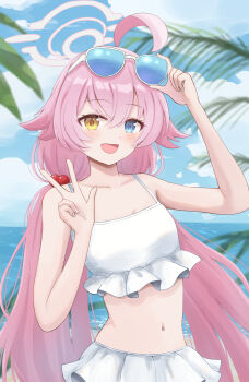 1girl :d a_ekoa absurdres adjusting_eyewear ahoge bare_arms bare_shoulders bikini blue-tinted_eyewear blue_archive blue_eyes blush collarbone commentary cowboy_shot day eyelashes eyewear_on_head frilled_bikini frills hair_between_eyes hair_bobbles hair_ornament halo hands_up happy heterochromia highres hoshino_(blue_archive) hoshino_(swimsuit)_(blue_archive) long_hair low_twintails navel ocean official_alternate_costume official_alternate_hairstyle open_mouth outdoors palm_leaf pink_hair pink_halo smile solo stomach sunglasses swimsuit tinted_eyewear twintails very_long_hair w white-framed_eyewear white_bikini yellow_eyes
