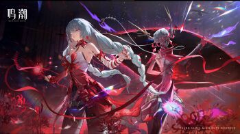 1girl bandage_over_one_eye bandaged_arm bandages bare_shoulders black_pantyhose braid breasts detached_sleeves dress earrings flower grey_eyes grey_hair halter_dress halterneck hecate_(wuthering_waves) highres holding holding_flower jewelry logo long_hair looking_at_viewer low_twin_braids medium_breasts nail_polish official_art pantyhose phrolova_(wuthering_waves) red_dress red_flower red_nails red_petals single_detached_sleeve single_earring spider_lily subtitled tacet_mark_(wuthering_waves) twin_braids wuthering_waves