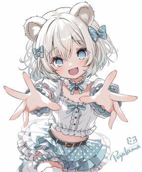 1girl :d animal_ears bear_ears belt black_belt blue_bow blue_eyes blue_hair blue_ribbon blue_skirt blue_wrist_cuffs bow center_frills commentary_request cowboy_shot crop_top fang frilled_shirt frilled_thigh_strap frills gradient_hair hair_bow highres looking_at_viewer midriff multicolored_eyes multicolored_hair neck_ribbon open_mouth original outstretched_arms pink_eyes po_yo_ta_ma polka_dot polka_dot_bow polka_dot_skirt puffy_short_sleeves puffy_sleeves reaching reaching_towards_viewer ribbon shirt shirt_bow short_hair short_sleeves simple_background skin_fang skirt smile solo thigh_strap thighhighs two-tone_eyes two-tone_hair white_background white_hair white_shirt white_thighhighs wrist_cuffs