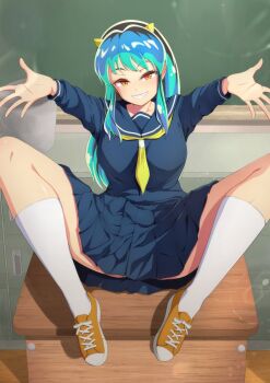 1girl beckoning blue_hair cone_horns highres horns kneehighs long_hair looking_at_viewer lum ocza oni orange_eyes pleated_skirt sailor_collar school_uniform serafuku shoes skirt smile sneakers socks solo spread_legs urusei_yatsura