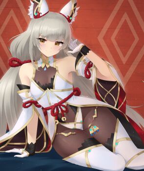 1girl absurdres animal_ears bare_shoulders blush breasts brown_eyes cat_ears cat_girl closed_mouth commentary doiparuni dress english_commentary grey_hair highres long_hair nia_(blade)_(xenoblade) nia_(xenoblade) small_breasts solo white_dress xenoblade_chronicles_(series) xenoblade_chronicles_2