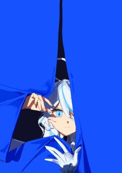 2girls absurdres blue_background blue_eyes blue_pupils cowlick curtains drop-shaped_pupils focalors_(genshin_impact) furina_(genshin_impact) genshin_impact gloves hand_up hashtag-only_commentary highres kurattes long_hair multiple_girls single_glove smile solo_focus symbol-shaped_pupils upper_body wavy_hair white_gloves white_hair