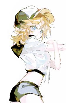 Rule 34 | 1girl, aotu world, ass, baseball cap, black hat, black shorts, blonde hair, blue eyes, breasts, chinese commentary, cowboy shot, crop top, drawstring, from side, genderswap, genderswap (mtf), hair between eyes, hat, highres, hood, hood down, hoodie, king (aotu world), long hair, looking at viewer, medium breasts, medium hair, midriff, multicolored hat, oreoc, parted lips, pointy ears, sailor collar, short shorts, short sleeves, shorts, simple background, solo, stretching, white background, white hoodie