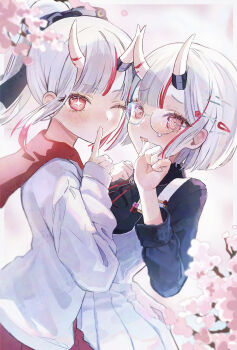 Rule 34 | 2girls, @ @, absurdres, asa going, black shirt, blush, commentary request, double-parted bangs, dual persona, finger to mouth, flustered, hand up, highres, hololive, horns, long hair, long sleeves, looking at viewer, multicolored hair, multiple girls, nakiri ayame, one eye closed, oni, open mouth, ponytail, red eyes, red streaks, shirt, short hair, shushing, skin-covered horns, streaked hair, virtual youtuber, white hair, white shirt