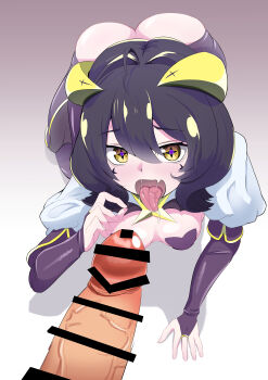 Rule 34 | + +, 1boy, 1girl, all fours, antenna hair, ass, bar censor, blush, breasts, butt crack, censored, curled horns, demon girl, demon horns, dot nose, elbow gloves, eyebrows hidden by hair, facial mark, fang, feet out of frame, fellatio gesture, fingerless gloves, from above, gloves, gradient background, grey background, hand up, hetero, hiiragi utena, horns, large penis, looking at viewer, looking up, lowleg, lowleg pants, magia baiser, mahou shoujo ni akogarete, medium hair, open mouth, pants, pasties, penis, penis close to face, pov, pov crotch, purple gloves, purple hair, purple pants, shrug (clothing), simple background, skin fang, small breasts, solo focus, tongue, tongue out, towa lone, variant set, white shrug, yellow eyes, yellow horns