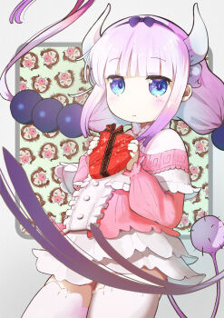 Rule 34 | 2girls, arakan, blue eyes, blush, blush stickers, box, box of chocolates, brown hair, capelet, chibi, chibi inset, closed mouth, dragon girl, dragon horns, dragon tail, dress, eyebrows hidden by hair, flat chest, full-face blush, hairband, heart-shaped box, highres, holding, holding box, horns, kanna kamui, kobayashi-san chi no maidragon, light smile, long hair, looking at viewer, multiple girls, pink dress, purple hair, saikawa riko, smile, tail, thighhighs, valentine, white capelet, white thighhighs