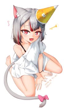 1girl :d absurdres animal_ears between_legs cat_ears cat_girl cat_tail extra_ears fang gradient_hair grey_hair hand_between_legs hat highres instrument looking_at_viewer multicolored_hair musical_note neneko_mashiro off_shoulder open_mouth oversized_clothes oversized_shirt party_hat red_eyes red_hair shirt short_hair simple_background sitting skin_fang smile sseonyu stellive streaked_hair tail trumpet virtual_youtuber wariza white_background white_shirt